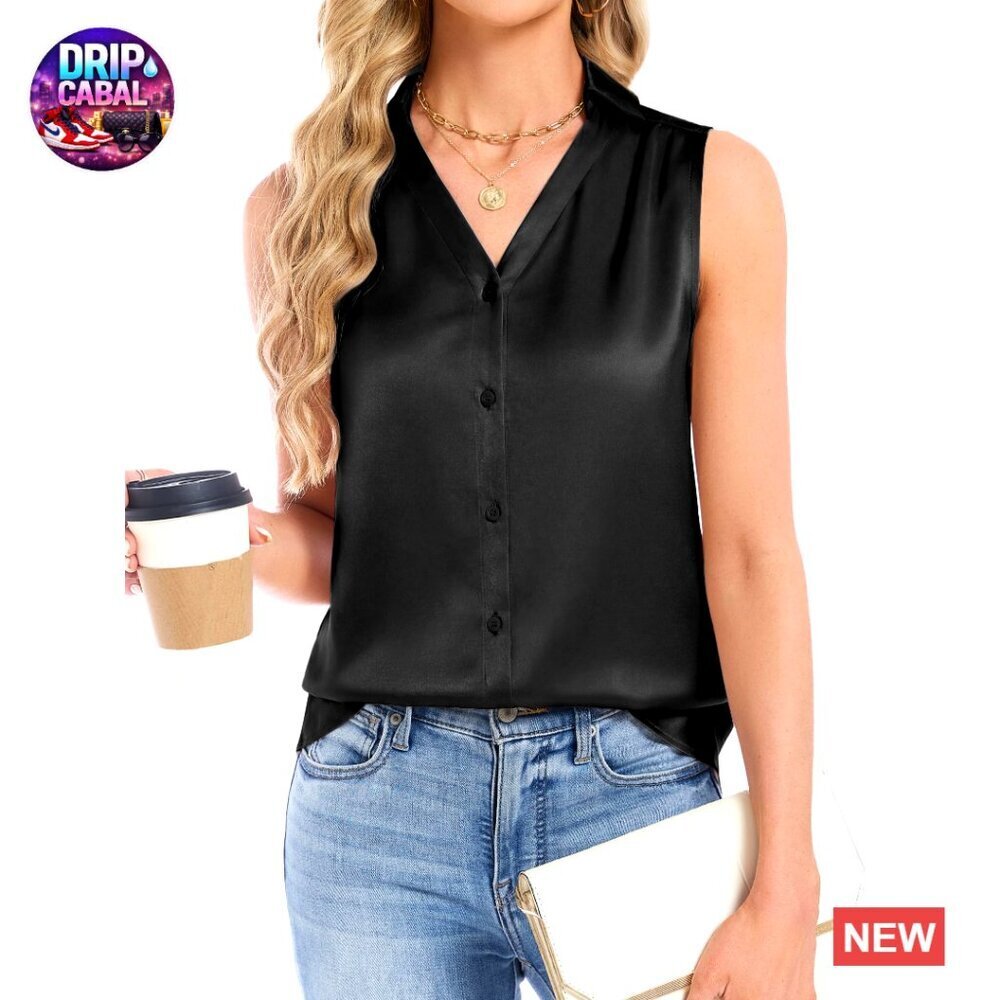 Satin Tank Top V-Neck Collared Blouse Elegant Business Casual Pleated Shoulders
